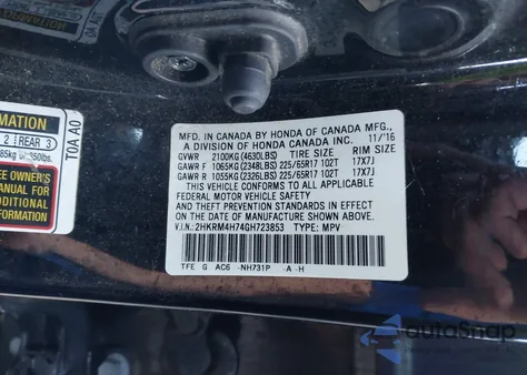 2016 Honda Cr-V Ex-L from USA, damaged, VIN 2HKRM4H74GH723853